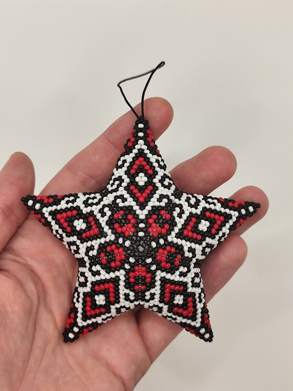 Handcrafted Beaded Star Ornament in Black, White & Red